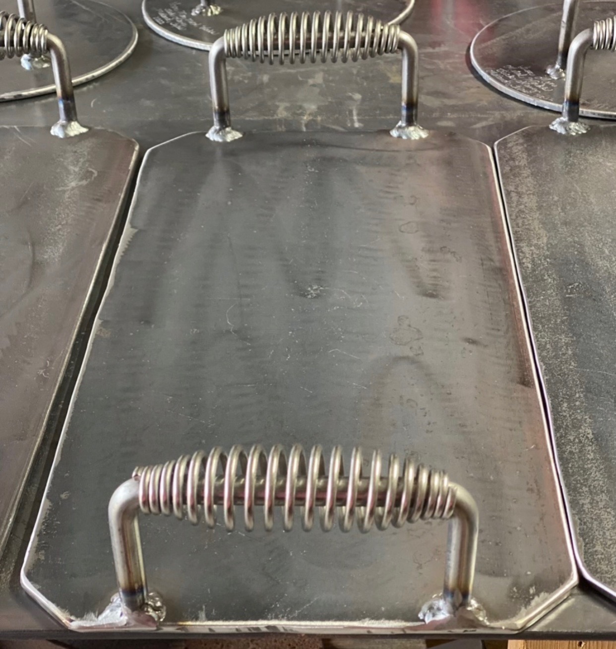 Flat Top Griddle Tortilla Press plates with spring handles, fresh off Martin's bench